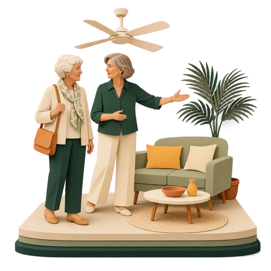 A woman in her early 70s viewing a furnished apartment overseas, a renter thinking about moving for good