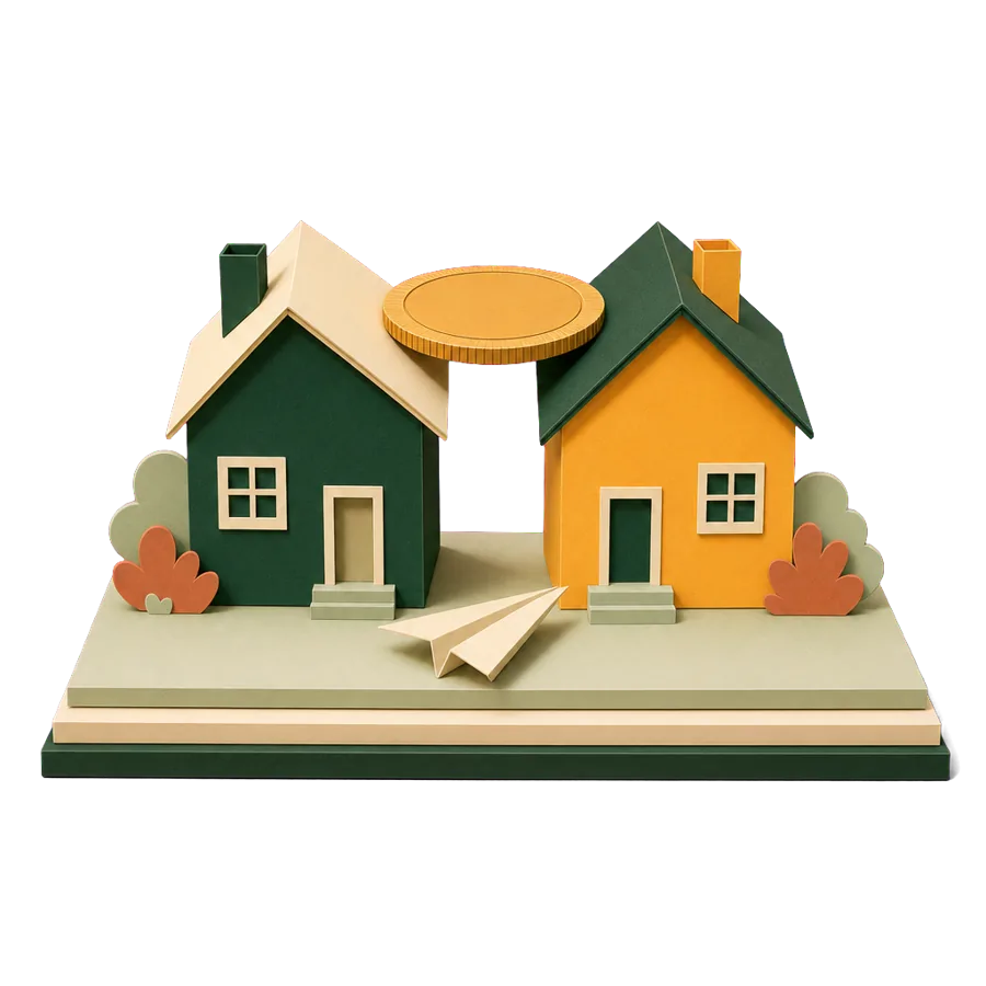 Two small houses joined by a coin, the two rents a renter pays on a long trip when retiring overseas