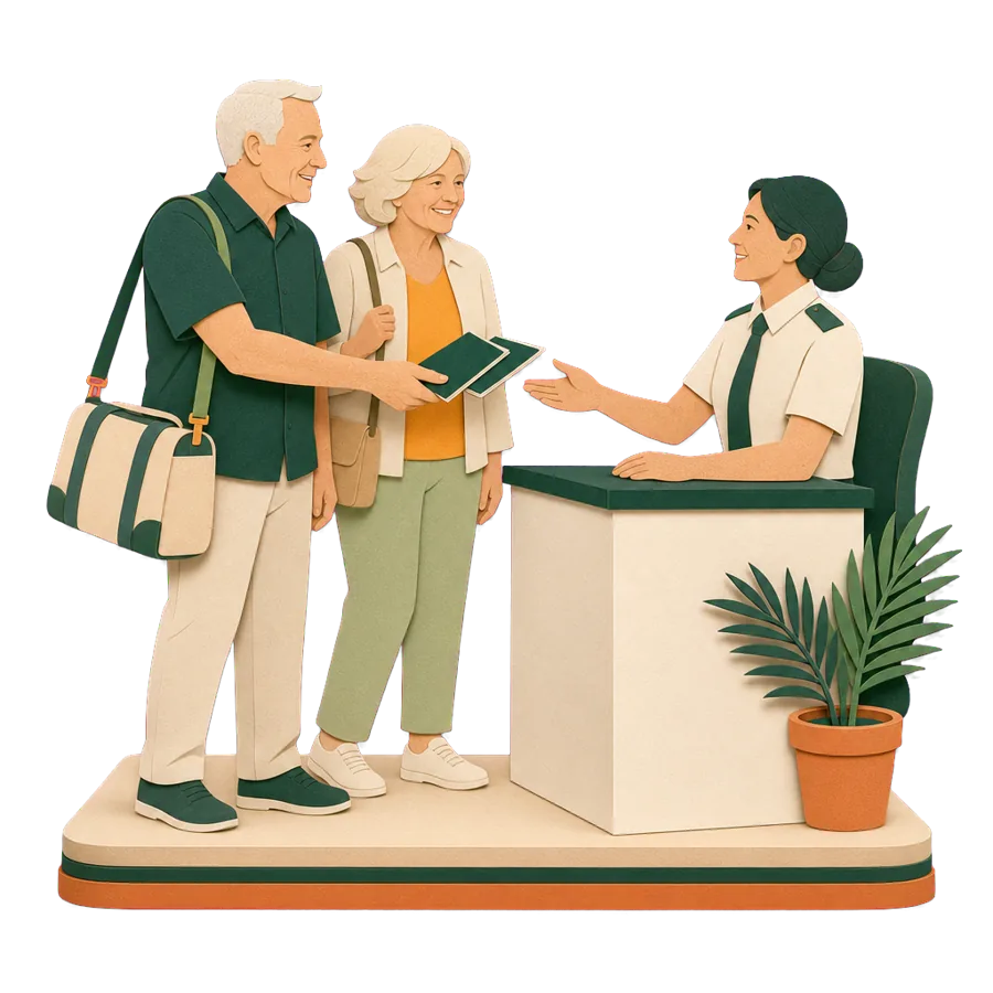 A couple in their late 60s at immigration on arrival, checking if they need a retirement visa for a winter away