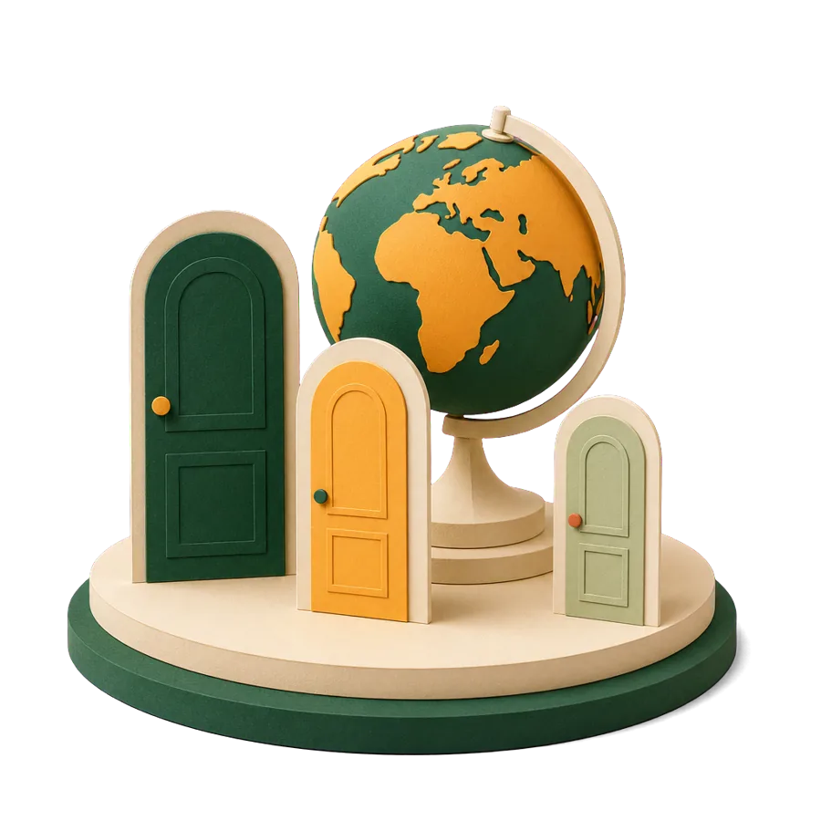A globe with three doors of different heights, the retirement visa age requirements by country for Australians