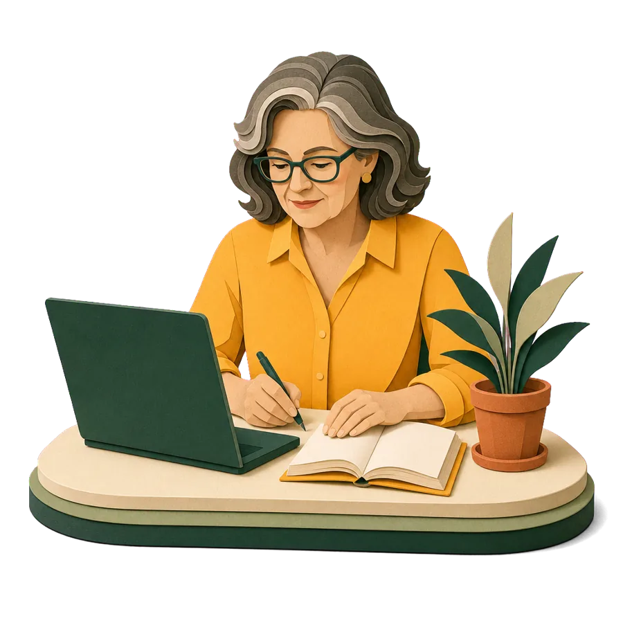 A single woman in her mid 50s researching retirement visas by age on a laptop, checking which countries fit