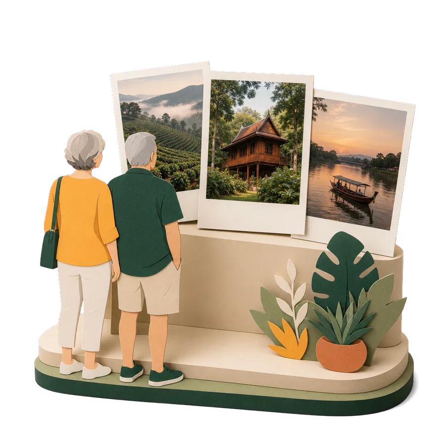 A couple in their early 60s looking at photos of Chiang Mai, planning three years overseas before the Age Pension