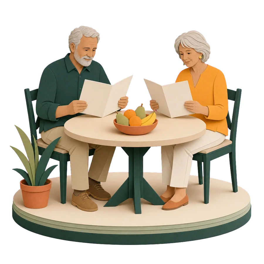 A couple in their early 60s comparing insurance brochures, arranging health cover early when retiring before 67