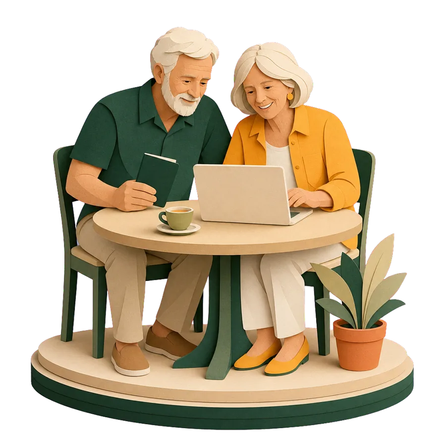 A couple in their early 60s checking official visa information on a laptop to avoid fake visa agent scams