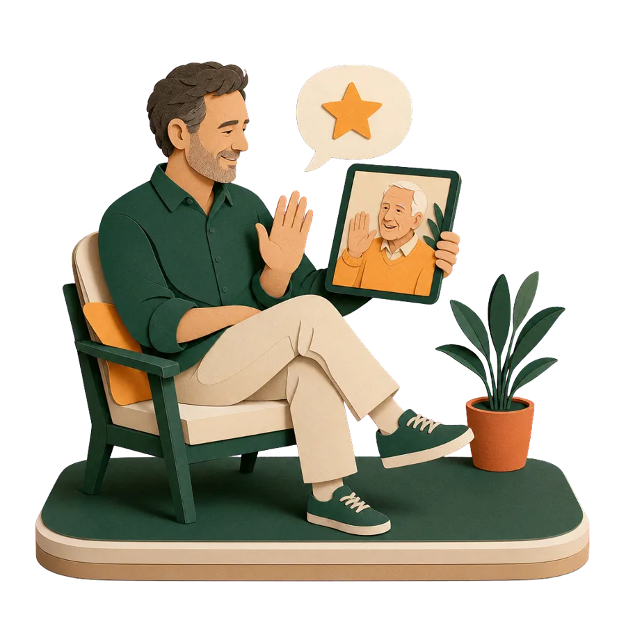 A son on a video call with his father around 70 overseas, agreeing a family check to stop scams targeting family