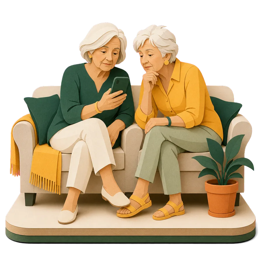 A woman in her late 60s and a friend looking at a phone together, spotting a romance scam aimed at retirees