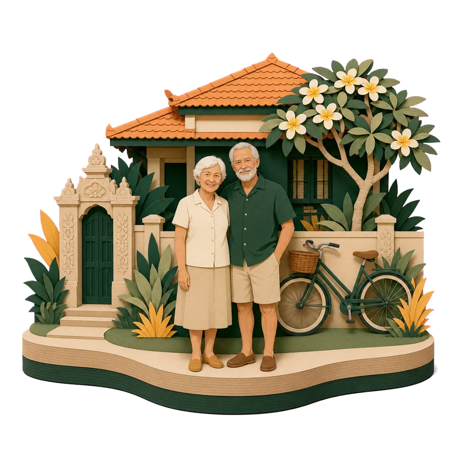 A retired couple stand in the garden of a small single-storey house, for where Australians live in Sanur