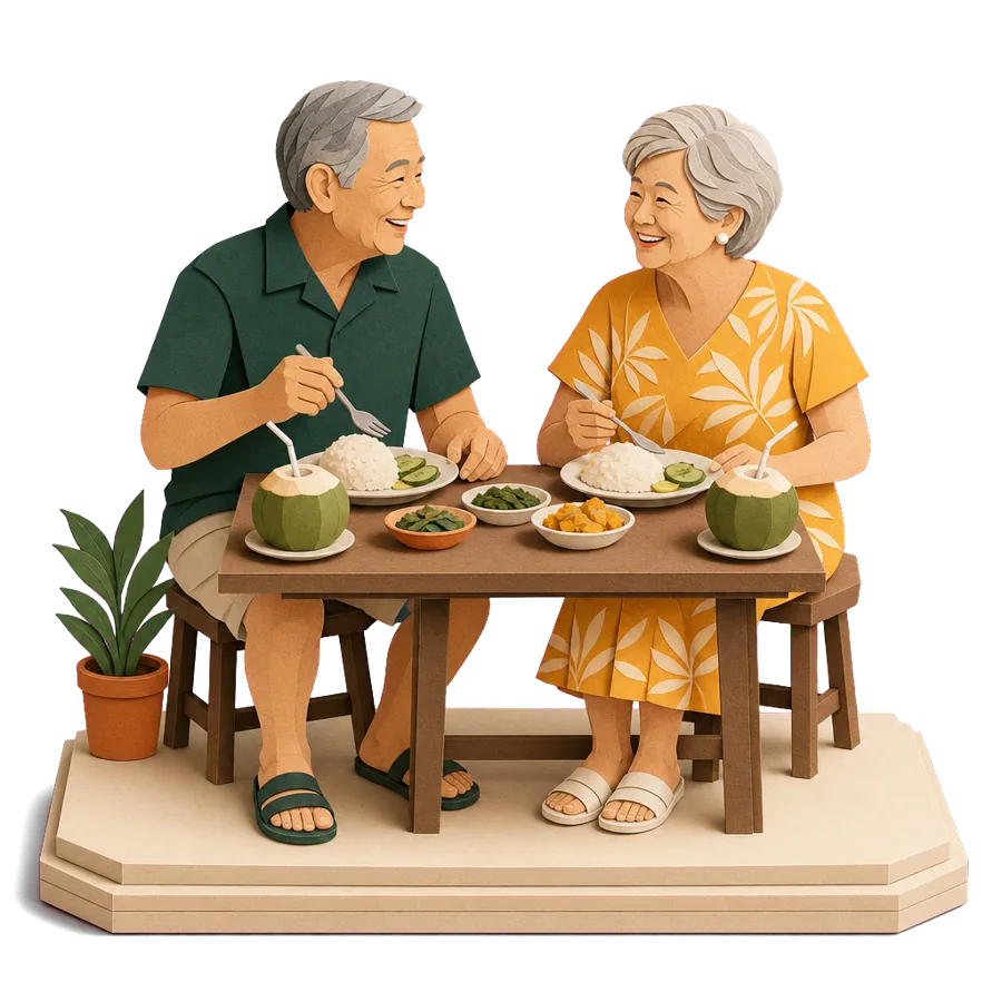 A retired couple share rice dishes and fresh coconuts at a small eatery, for the cost of a month in Sanur
