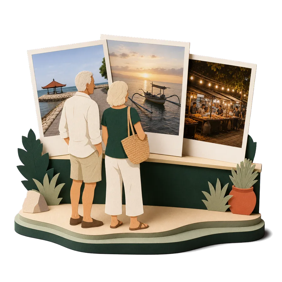 Retirees in Sanur look at photos of the beach path, an outrigger boat at sunrise and the night market