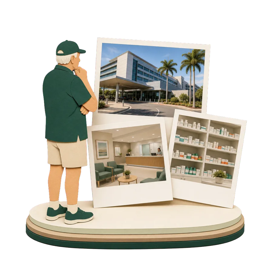 A retiree looks at photos of a modern hospital, a clinic and a pharmacy, for health care in Sanur