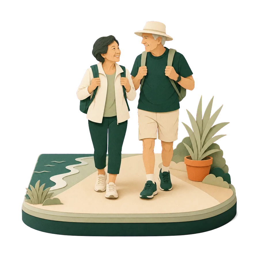 A self-funded couple in their mid 60s on a coastal walk, retiring overseas on super with two bases