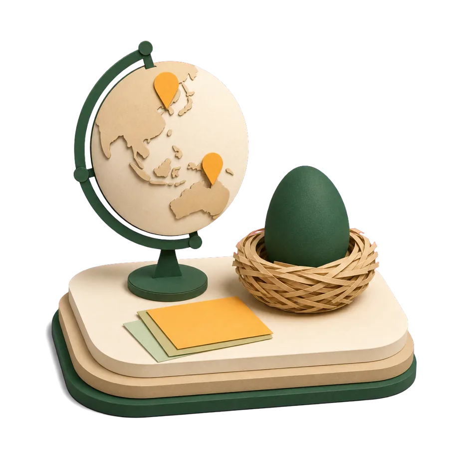 A globe with two pins beside a nest egg, self-funded retirees planning two bases overseas on super