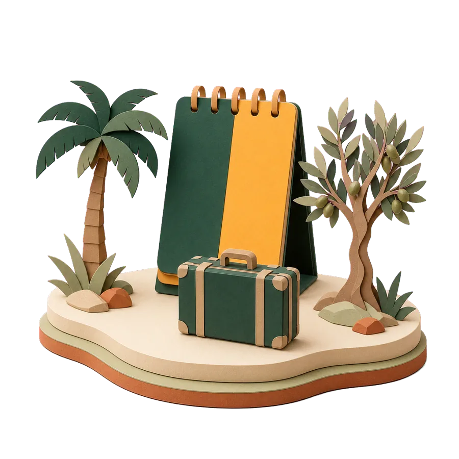 A calendar split in two with a palm tree and an olive tree, a self-funded year split across two places
