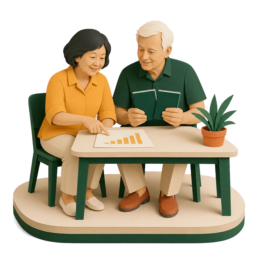 A self-funded couple in their mid 60s check passports and an income statement for an income based visa