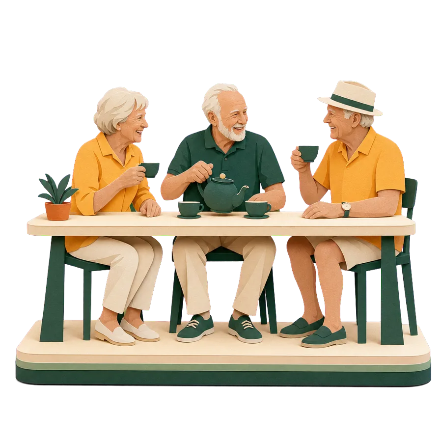 A single man in his late 60s sharing tea with new friends, meeting people when retiring overseas on your own