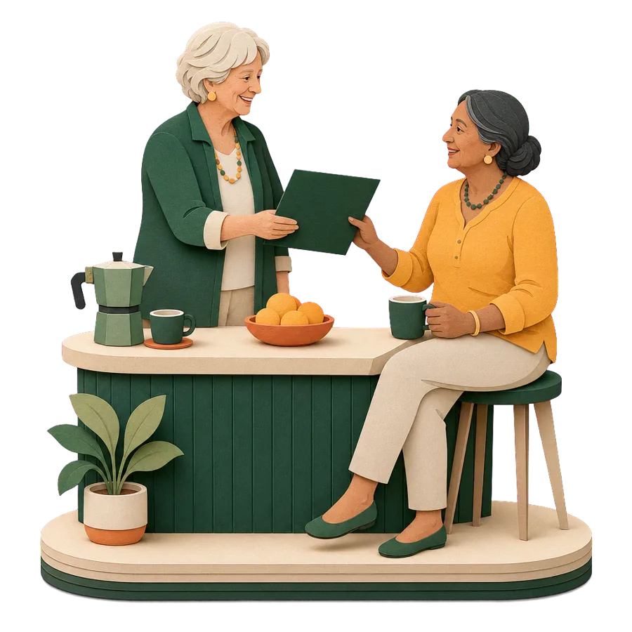 A single woman in her late 60s giving her trip details to a friend, her contact at home while overseas