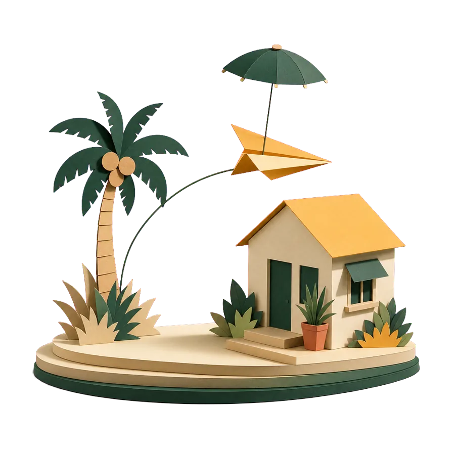 A paper plane flying home under an umbrella, insurance that gets you home when travelling overseas alone