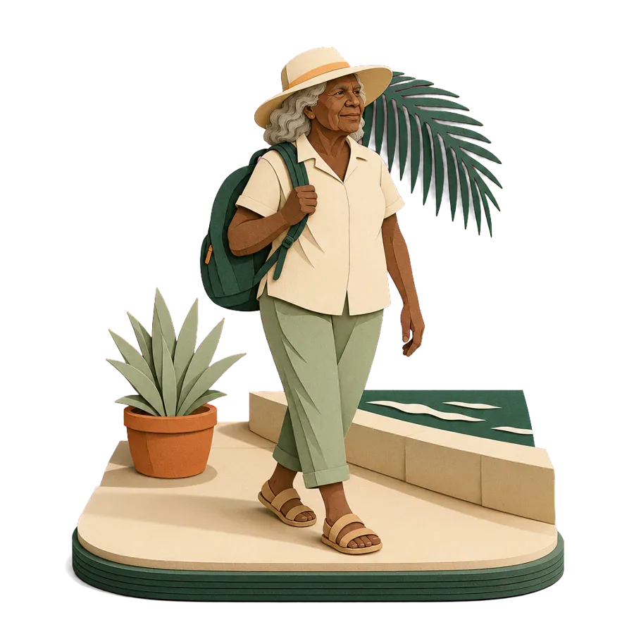 A single woman in her late 60s walking a seaside path, retiring overseas on her own from Australia