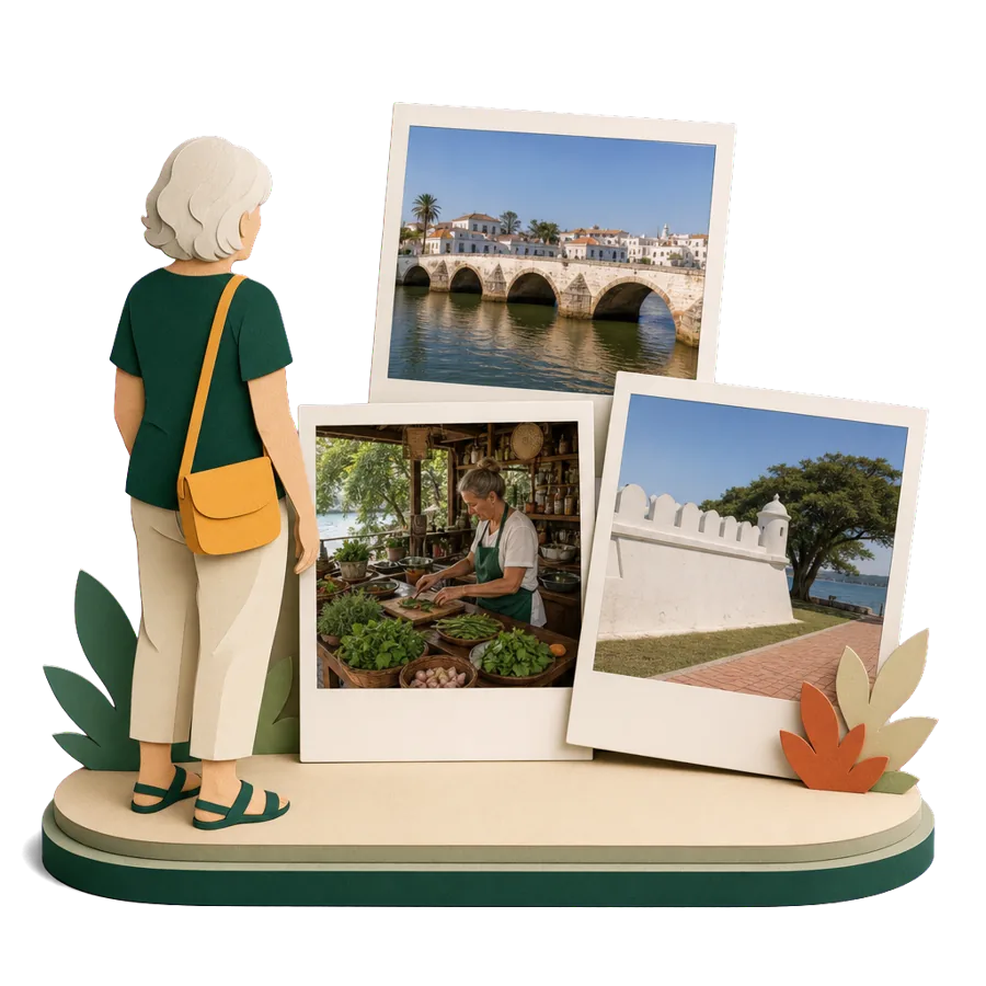A single woman in her late 60s looking at photos of the Algarve, Chiang Mai and Penang, planning a winter on her own