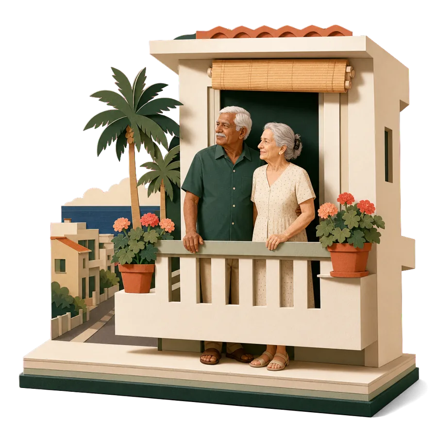 A retired couple on the balcony of a white apartment block near the sea, for where Australians live in Spain