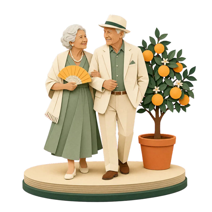 A retired couple stroll in the evening light with a fan, for who Spain suits and its late, warm evenings