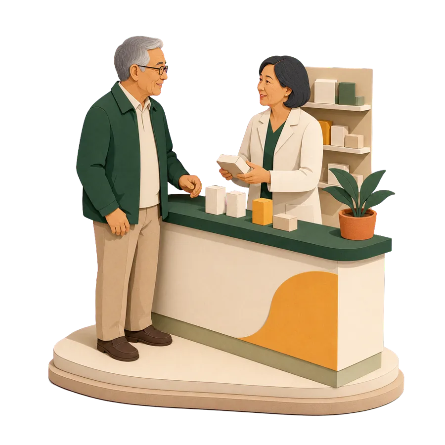 A retired man talks with a pharmacist at a small counter, for health care and insurance for Australians in Spain