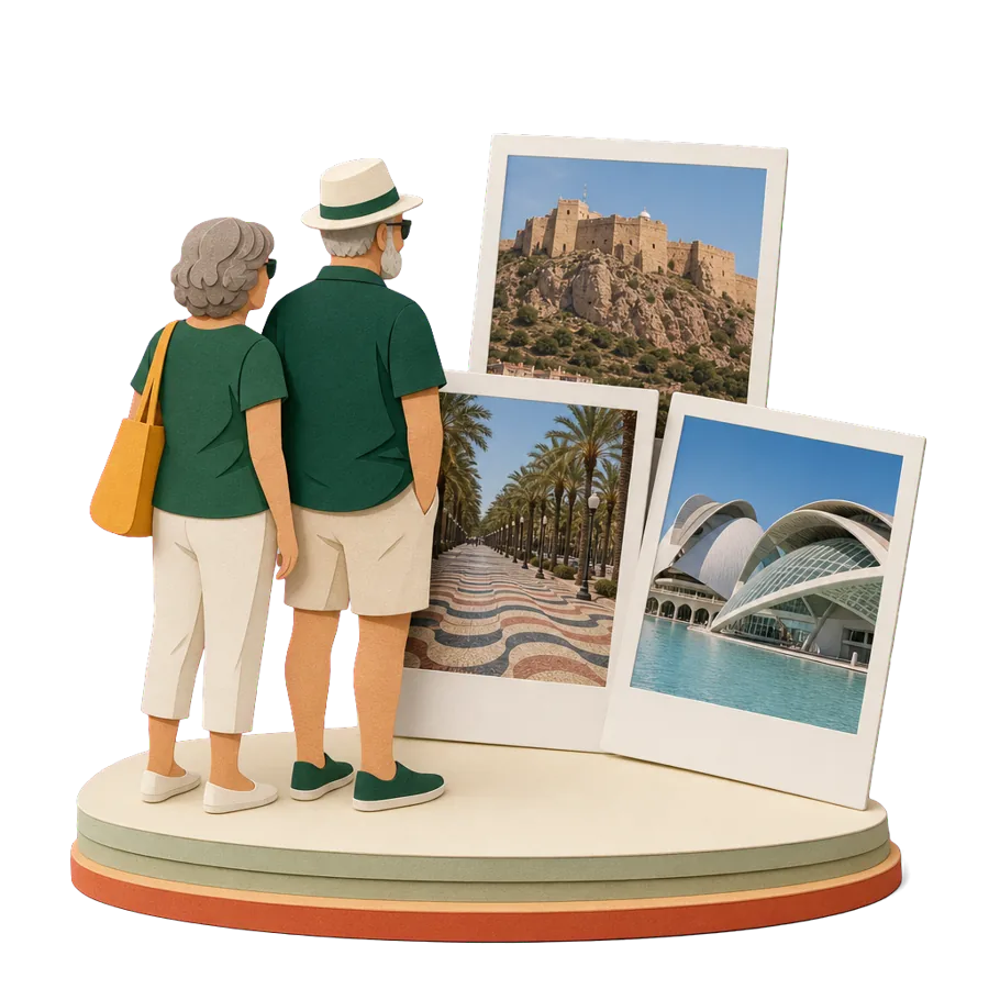 Retirees in Spain look at photos of Santa Bárbara castle, the Alicante palm promenade and Valencia's City of Arts