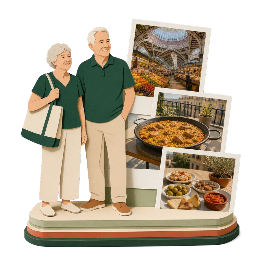 A retired couple beside photos of Valencia Central Market, a paella and tapas, for the cost of living in Spain