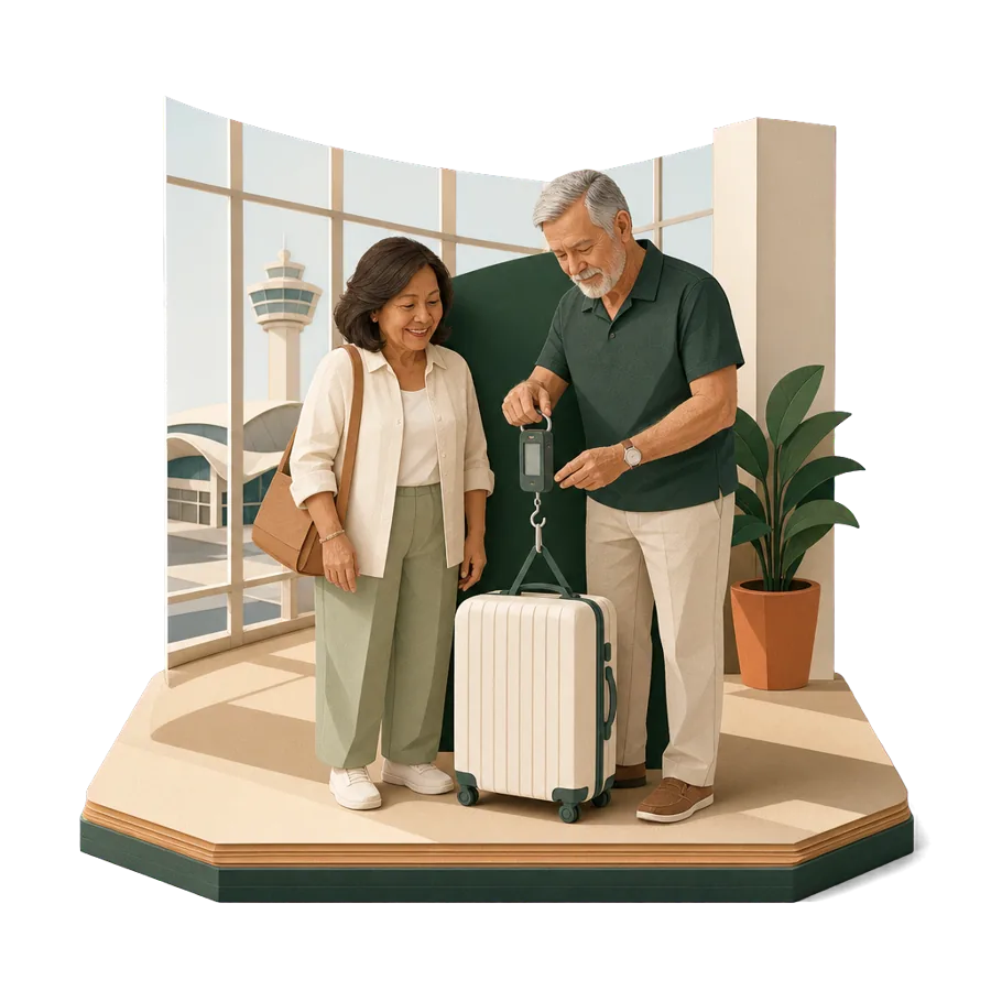 A couple weigh a suitcase with a hand-held luggage scale, for getting to Sri Lanka and coming home