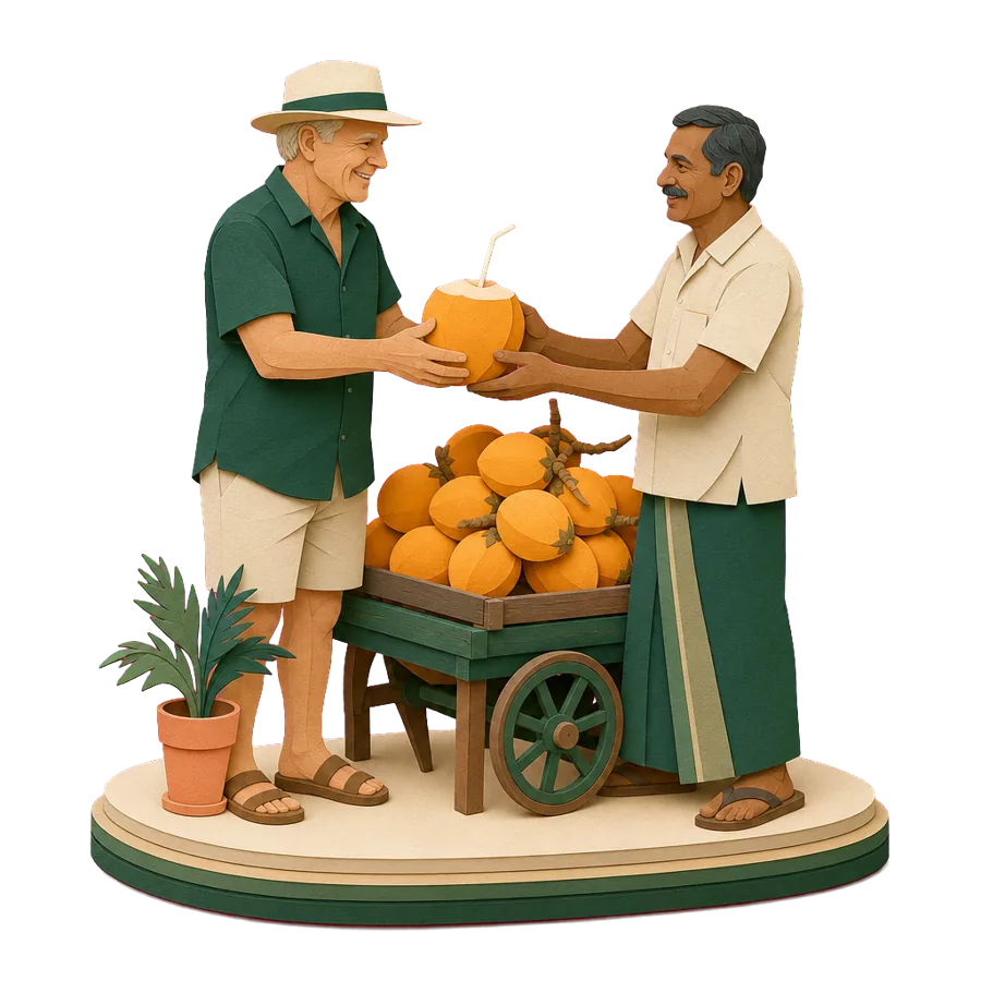 A retired man buys a king coconut from a roadside cart, for what a month costs in Sri Lanka
