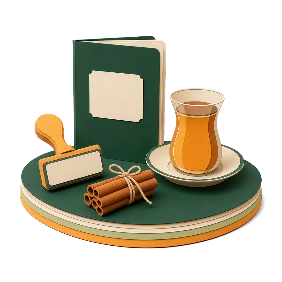 A generic passport with a blank stamp beside cinnamon sticks and a glass of tea, for Sri Lanka visas