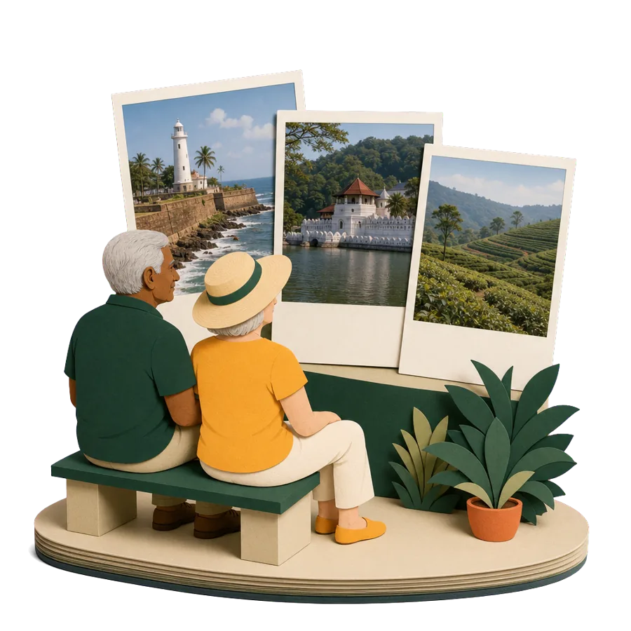 Retirees in Sri Lanka look at photos of Galle Fort, the temple by the lake in Kandy and tea terraces