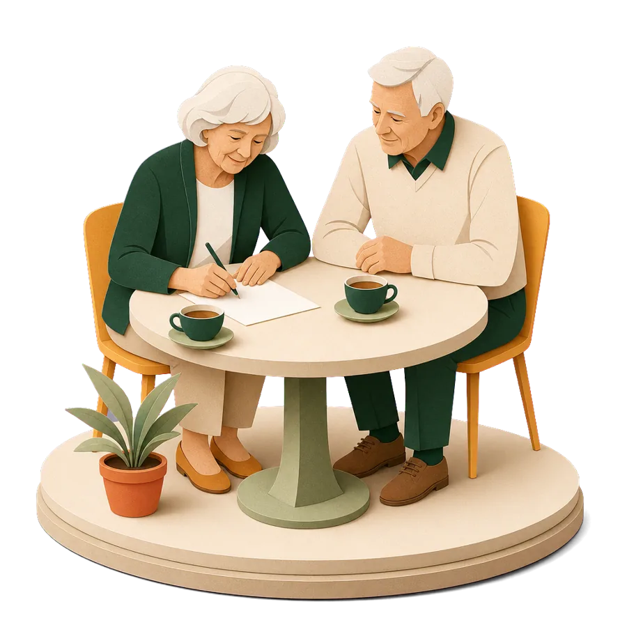 A couple in their late 60s writing down what they agree before retiring overseas, after talking it through