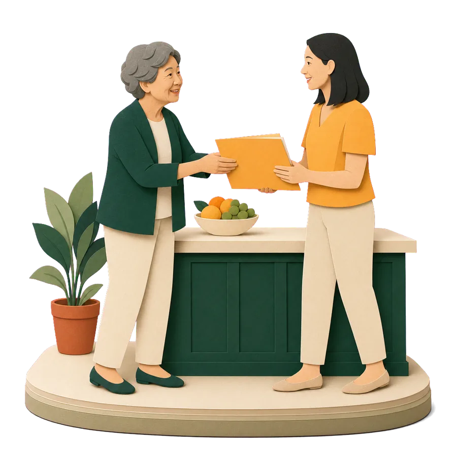 A woman in her late 60s giving her adult daughter the trip details, what adult children want to know
