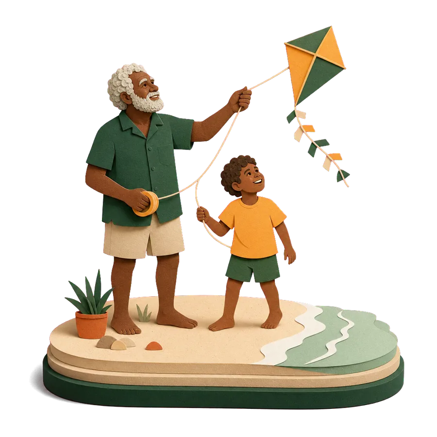A grandfather around 70 flying a kite with his grandson on a visit, staying close to grandchildren from overseas