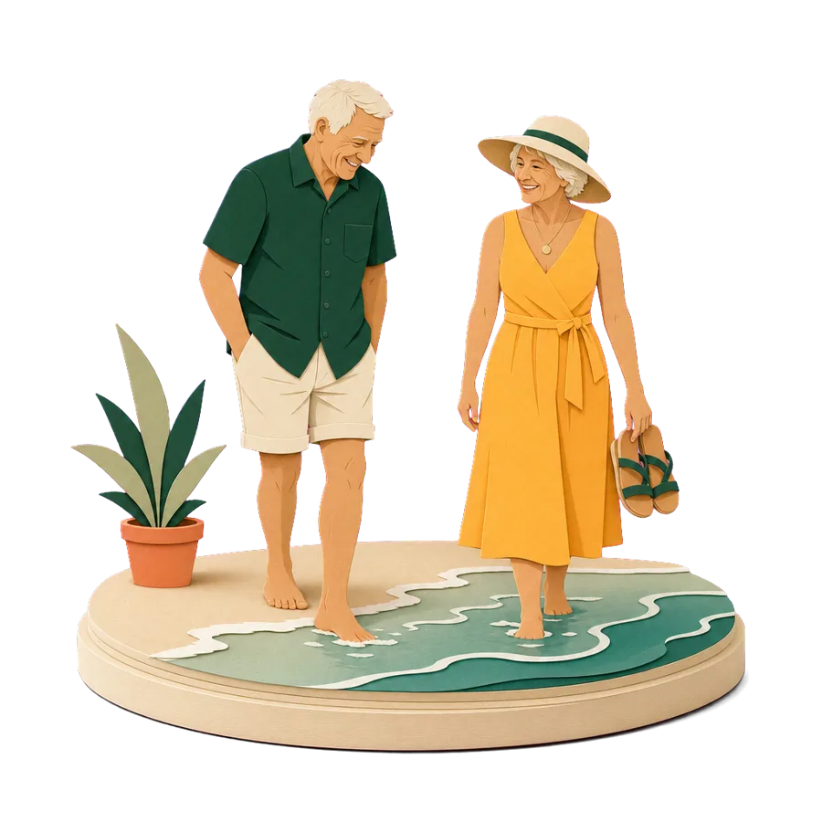 A man in his late 60s testing the water while his wife wades in, a hesitant partner trying overseas life first