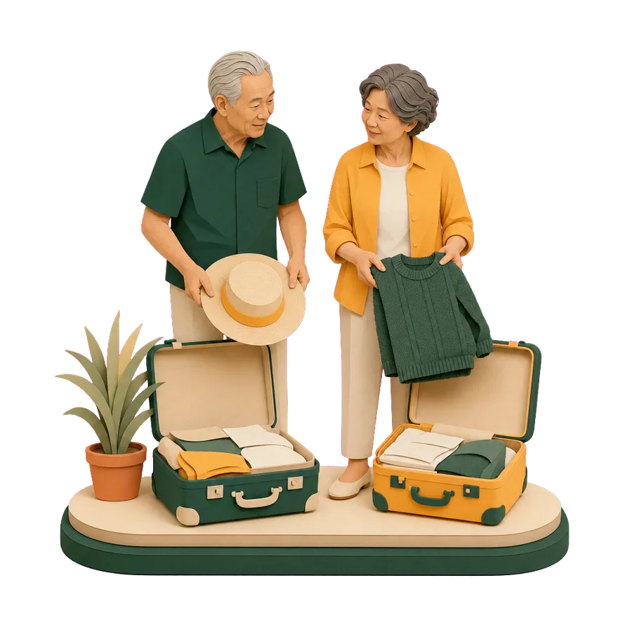 A couple around 70 between a summer and a winter suitcase, asking if six months overseas changes tax residency