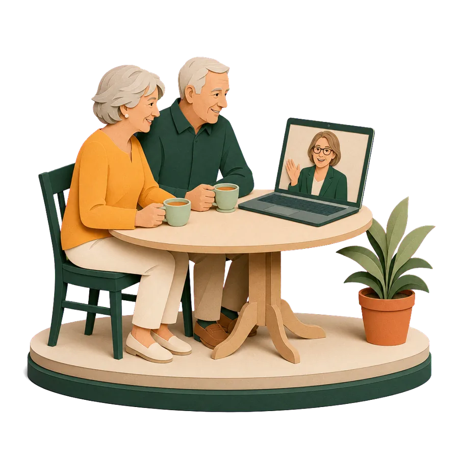 A couple in their late 60s on a video call with a registered tax agent, asking about tax residency overseas