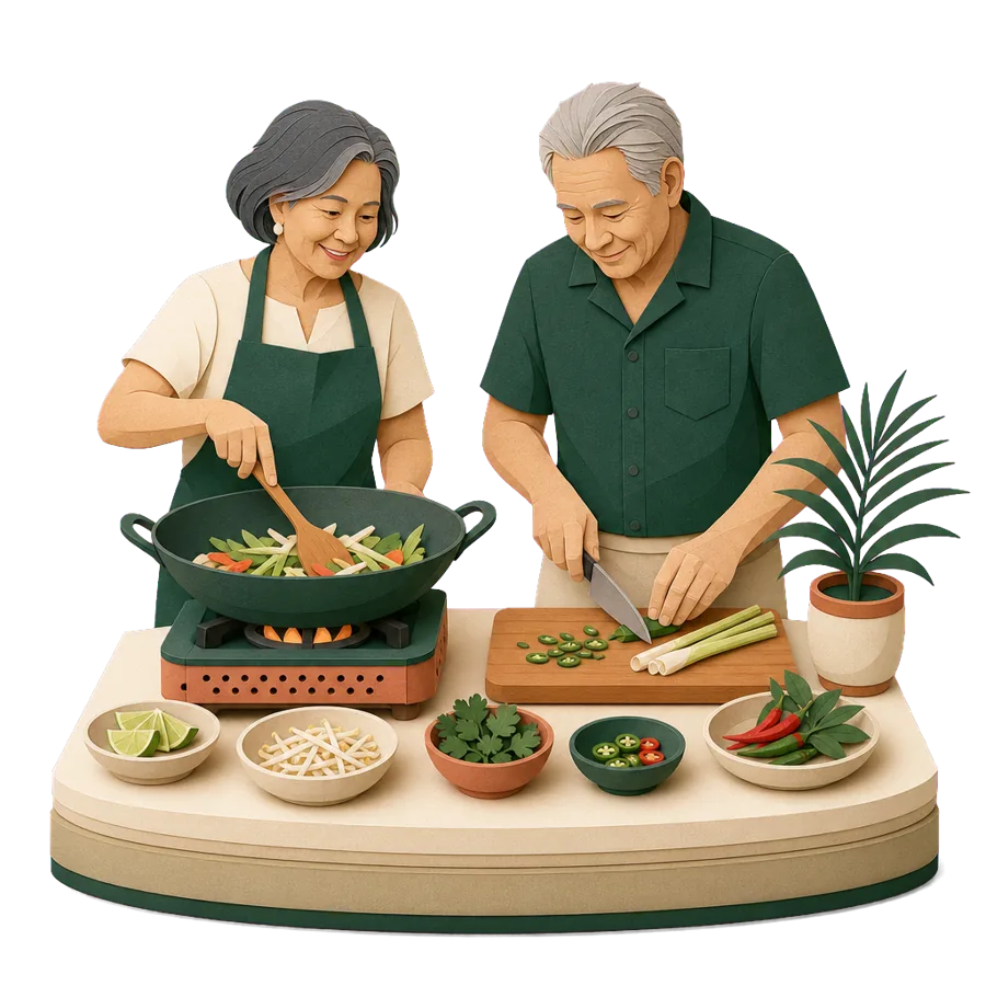 A retired couple stir a wok and chop lemongrass at a cooking class, for who Thailand suits and what to weigh up