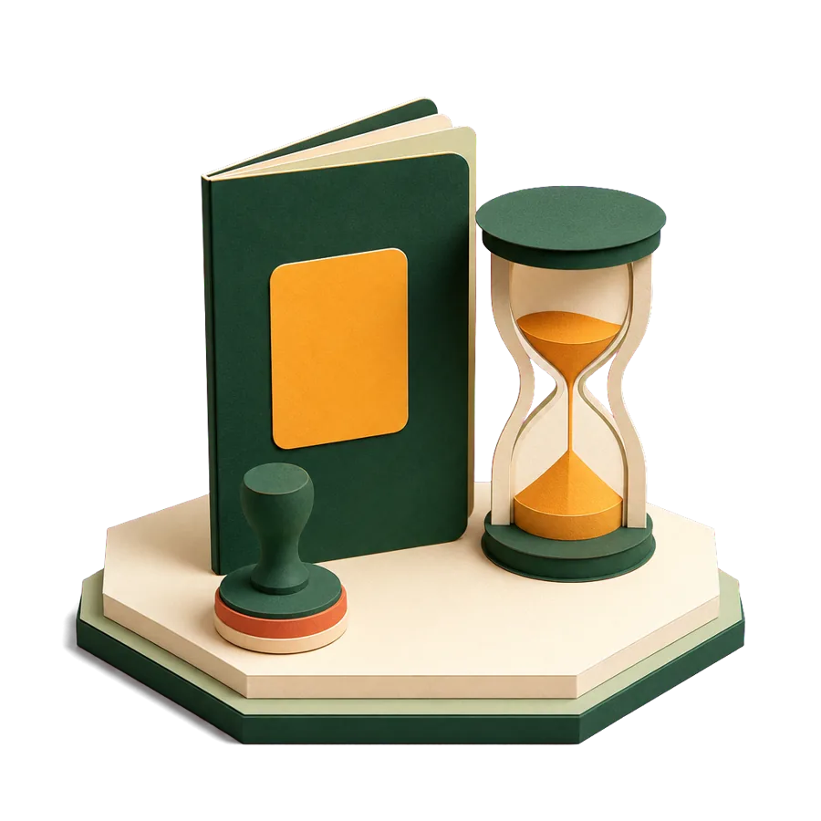 A generic passport with a blank stamp beside a paper hourglass, for the shorter visa-free stay in Thailand