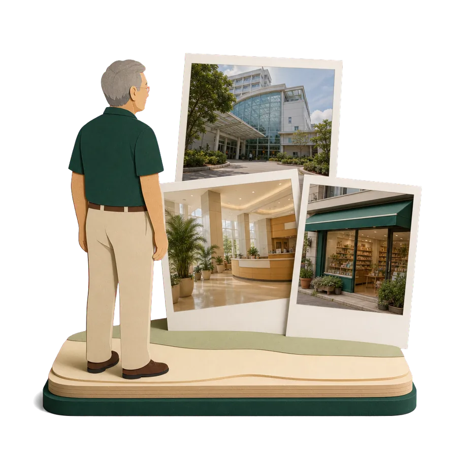 A retiree looks at photos of a private hospital in Bangkok, a reception hall and a pharmacy, for health care in Thailand
