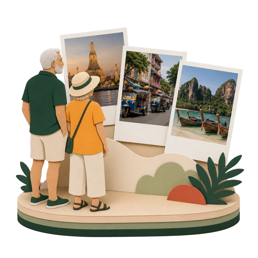 Retirees in Thailand look at photos of Wat Arun in Bangkok, a street of tuk-tuks and longtail boats at Railay beach