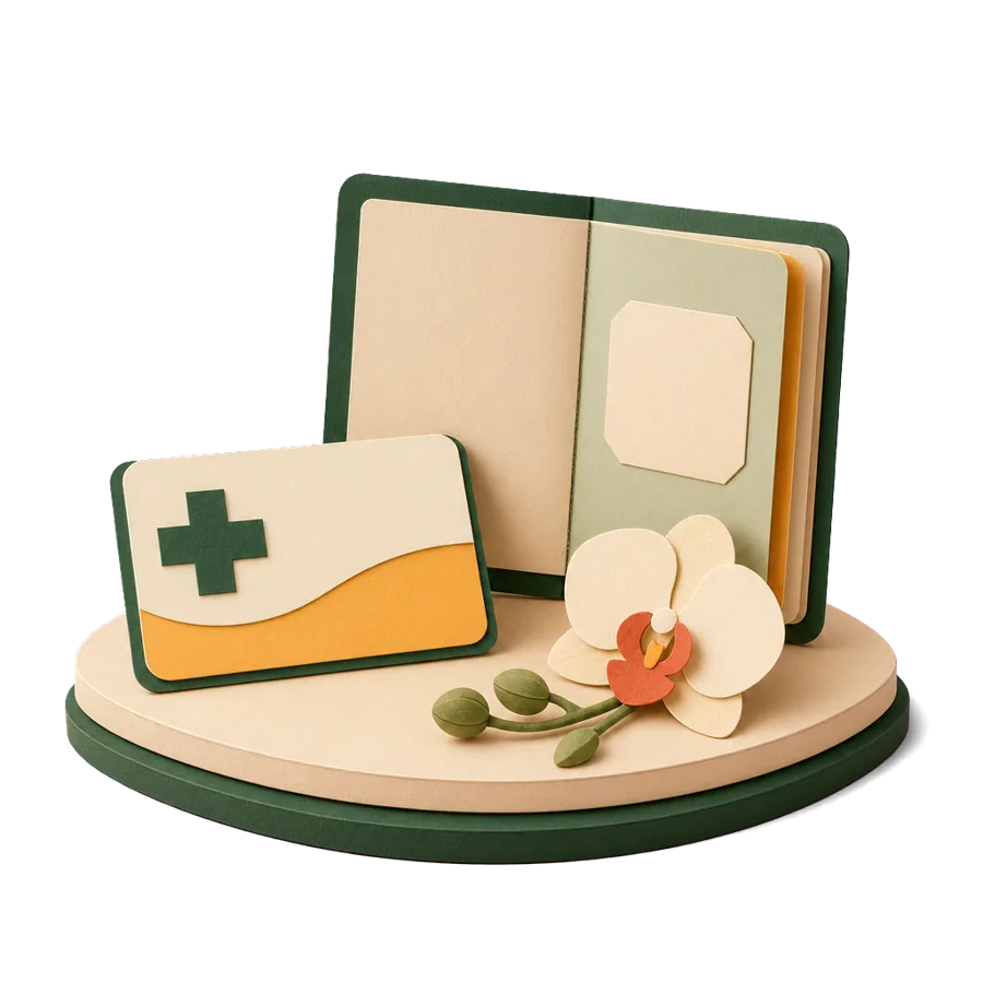 A generic health insurance card beside a passport and an orchid, the health insurance rules for a Thailand visa