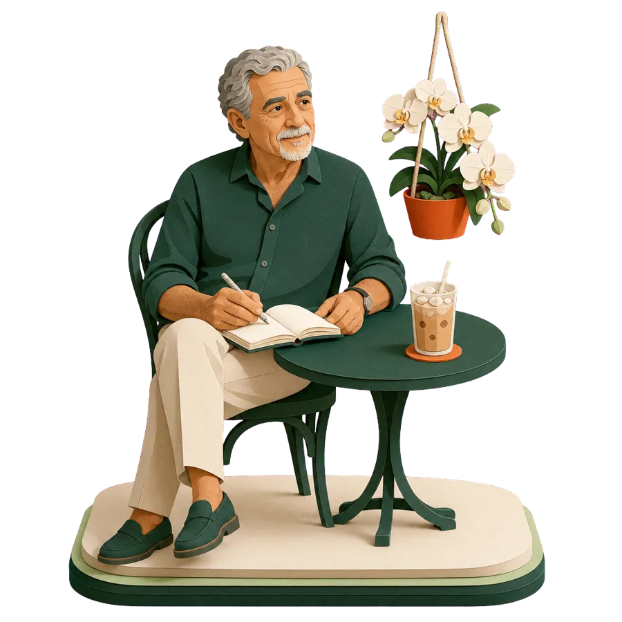 A man in his mid 60s at a café in Chiang Mai, an example of using a Thailand retirement visa for a long winter