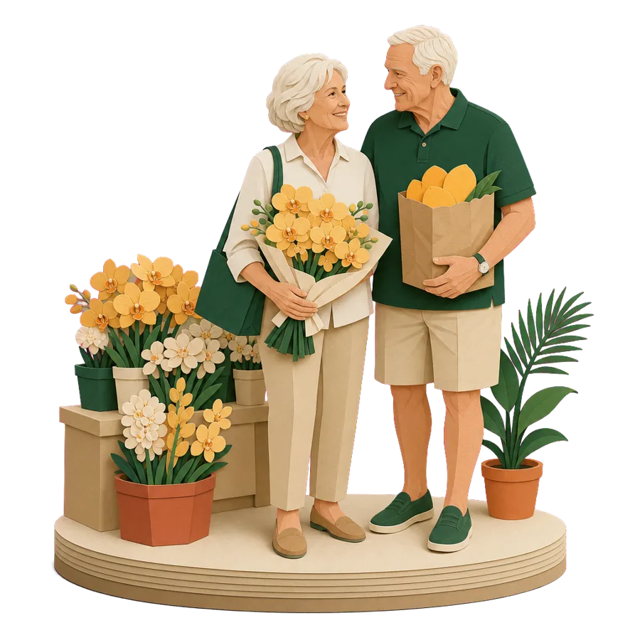 A couple in their early 70s at a flower market in Thailand, where their Age Pension keeps paying while they stay