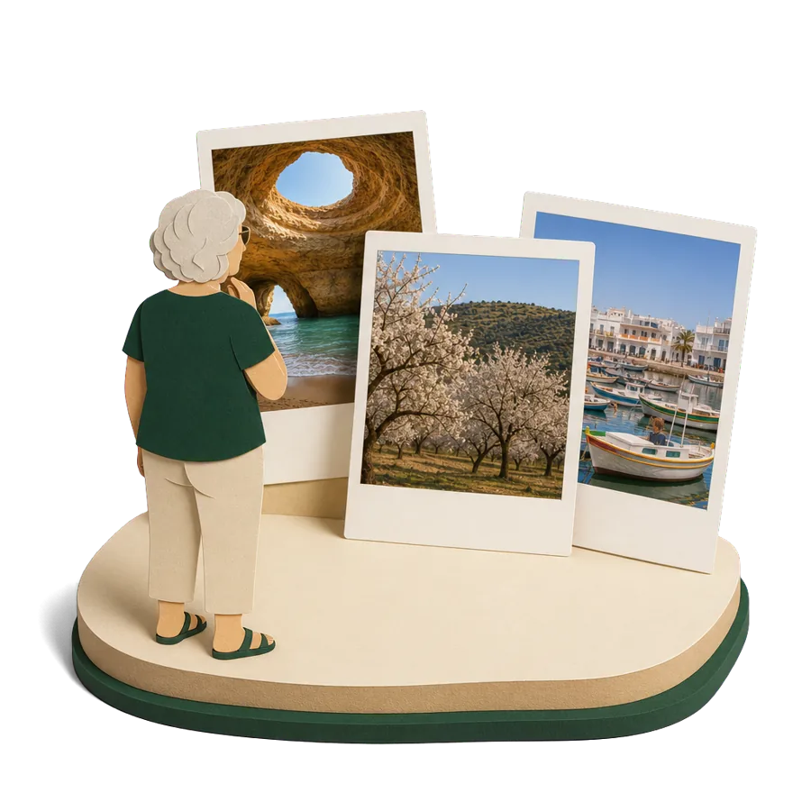 A woman in her mid 70s looking at photos of the Algarve, planning a long winter in Portugal with travel insurance