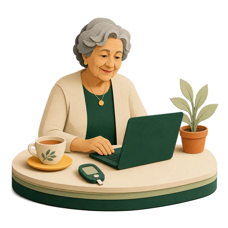 A woman in her mid 70s filling in a travel insurance form online, declaring her pre-existing conditions