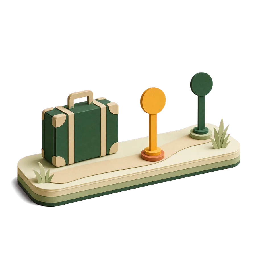 A suitcase on a strip with a marker post short of the end, the trip length caps in travel insurance at older ages