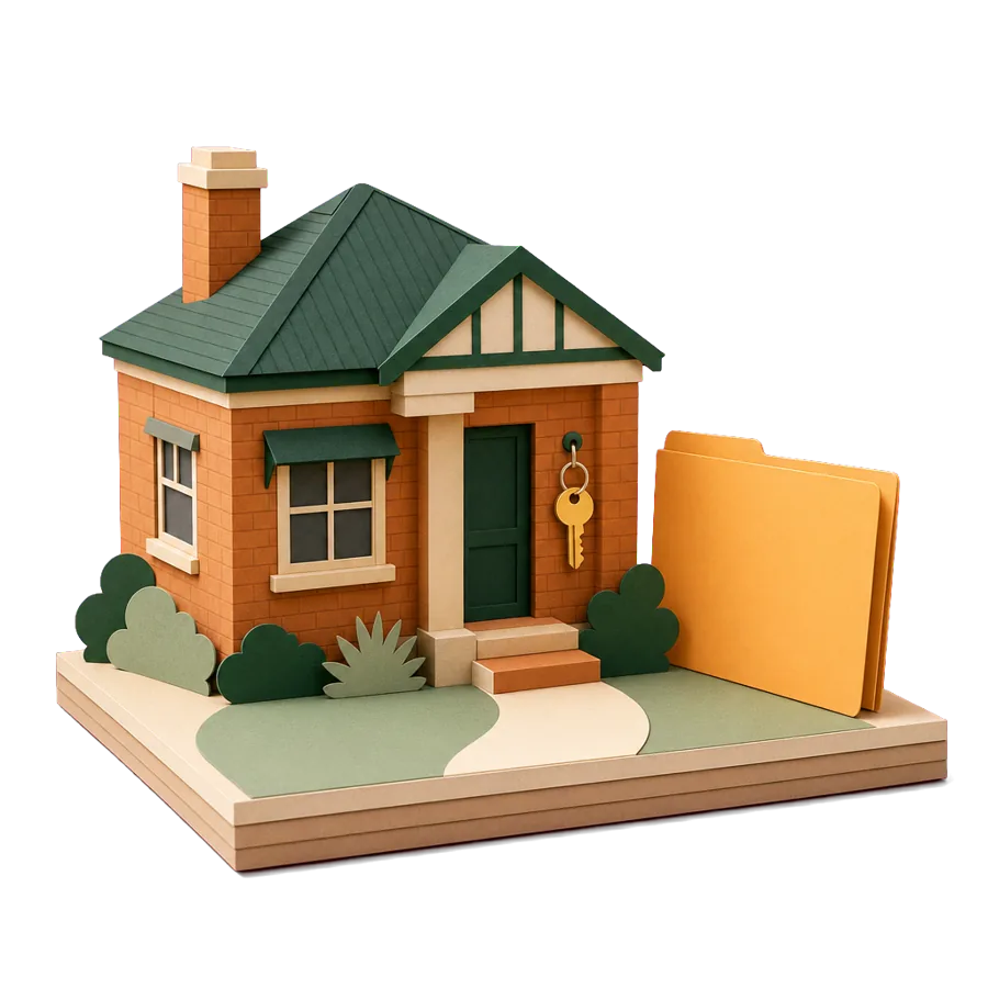 A small Australian house with its key on a hook and a folder, for keeping your home during a trial year overseas