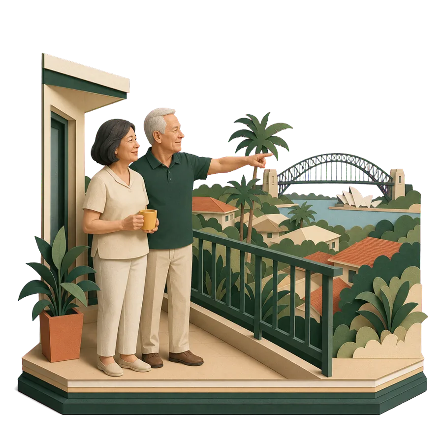 A retired couple look out from the balcony of a rented flat over rooftops and palms, during a trial year overseas